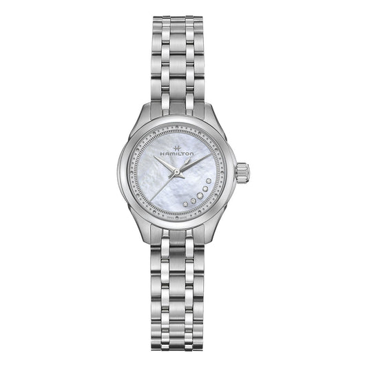 The Hamilton Jazzmaster Lady Quartz 26mm Watch by Hamilton Watch showcases a metallic bracelet and features a round face with a mother-of-pearl dial. This elegant timepiece has a minimalistic design highlighted by small round markers, all safeguarded by durable sapphire crystal.