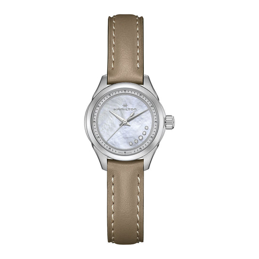 The Hamilton Jazzmaster Lady Quartz 26mm Watch by Hamilton Watch showcases a silver wristwatch with a mother-of-pearl dial, enhanced by sparkling crystal hour markers. Its minimalist design is further accentuated by a sleek brown leather strap featuring white stitching, while the round face benefits from the elegance of sapphire crystal protection.