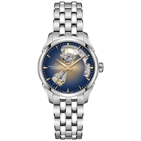The Hamilton Jazzmaster Open Heart Lady Auto 36mm by Hamilton Watch features a stainless steel case and bracelet, a blue-gold gradient dial with gold hands, and cut-outs that reveal its automatic movement.