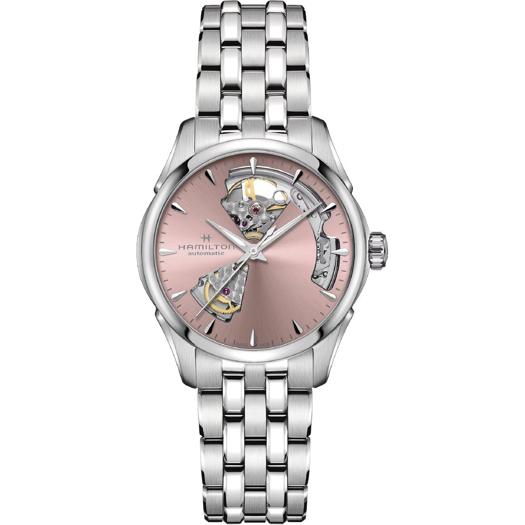 The Hamilton Jazzmaster Open Heart Auto 36mm Watch by Hamilton Watch features a pink dial, visible inner mechanism, and a silver-tone stainless steel link bracelet.