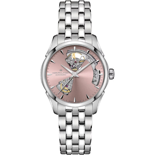 The Hamilton Jazzmaster Open Heart Auto 36mm Watch by Hamilton Watch features a pink dial, visible inner mechanism, and a silver-tone stainless steel link bracelet.