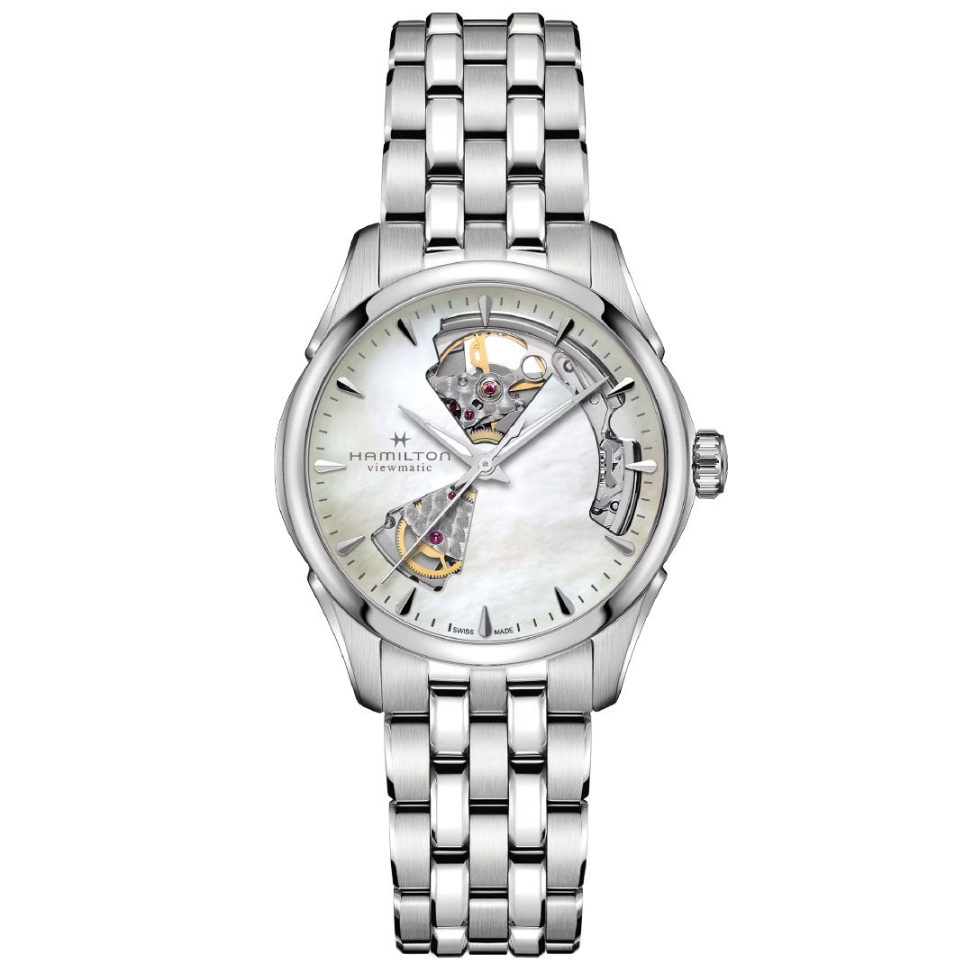 The Hamilton Jazzmaster Open Heart Auto 36mm Watch by Hamilton Watch features a silver metal link band, white mother-of-pearl dial, and an open-heart design showcasing its Swiss automatic movement.