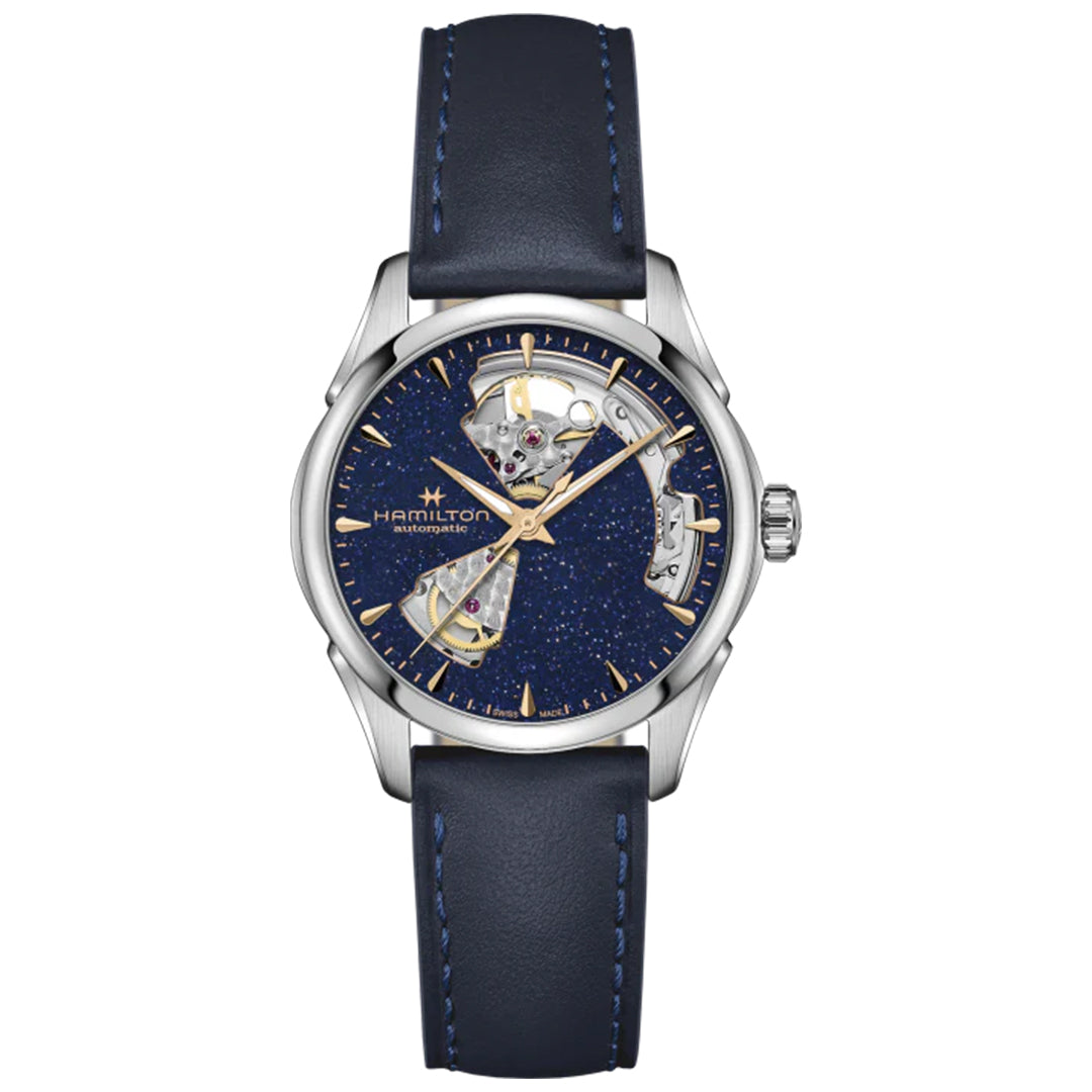 The Hamilton Jazzmaster Open Heart Auto 36mm Watch by Hamilton Watch features a silver case, navy blue leather strap, starry blue dial with gold accents and open-heart design, powered by an H-10 automatic movement—ideal for dress watch lovers.