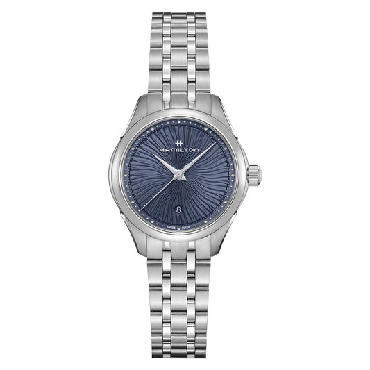 The Hamilton Jazzmaster Lady Quartz 30mm Watch, crafted by Hamilton Watch, is an elegant and sophisticated timepiece. It boasts a stainless steel link bracelet with a silver finish and features a captivating blue patterned dial. Silver hour markers enhance the design, while a date window is positioned at 6 o'clock, complemented by the brand name displayed just below the 12 o'clock position.