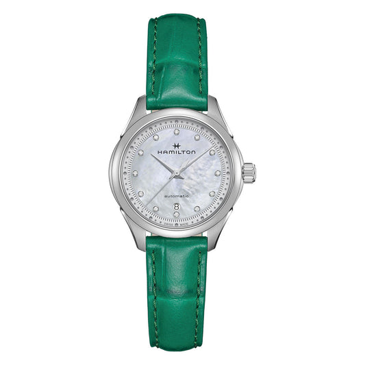 The Hamilton Jazzmaster Lady Auto 30mm Watch, by Hamilton Watch, features a silver case with a stunning mother-of-pearl dial and refined silver hour markers. This sophisticated timepiece boasts automatic movement and is paired beautifully with a striking green leather strap adorned with visible stitching.