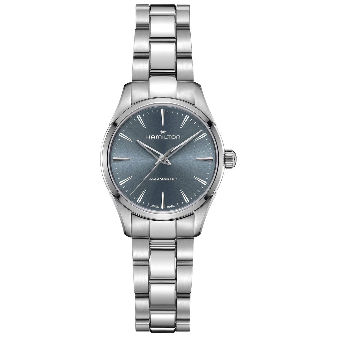 The Hamilton Jazzmaster Quartz 32mm Watch by Hamilton Watch features a blue sunray dial, silver hour markers, and a stainless steel link bracelet, displayed against a white background.