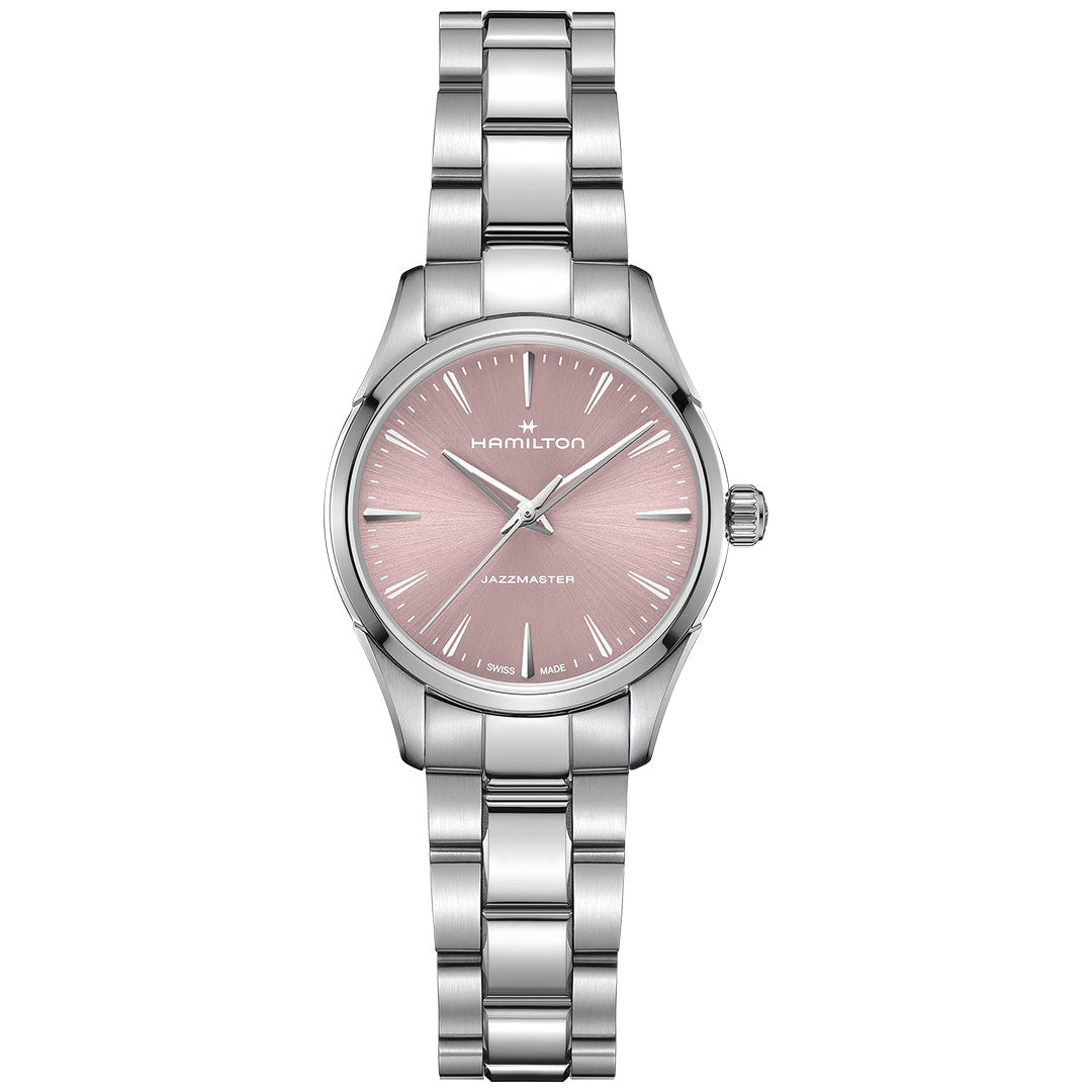 The Hamilton Jazzmaster Quartz 32mm Watch by Hamilton Watch features a stainless steel band and round pink dial with silver markers and hands, shown on a white background.