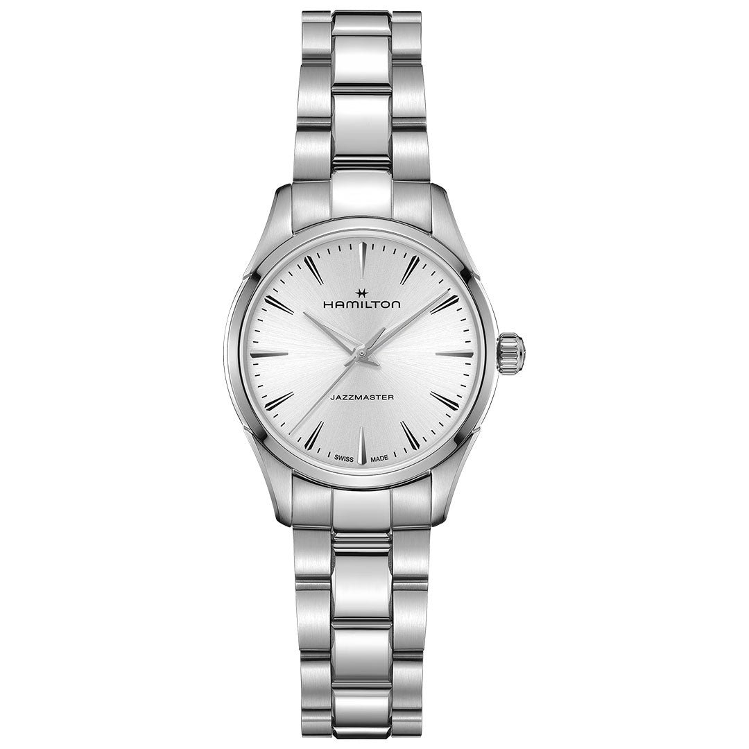 The Hamilton Jazzmaster Quartz 32mm Watch by Hamilton Watch features a stainless steel band, minimalist silver sunray-brushed dial, thin hour markers, and three hands, displayed against a white background.