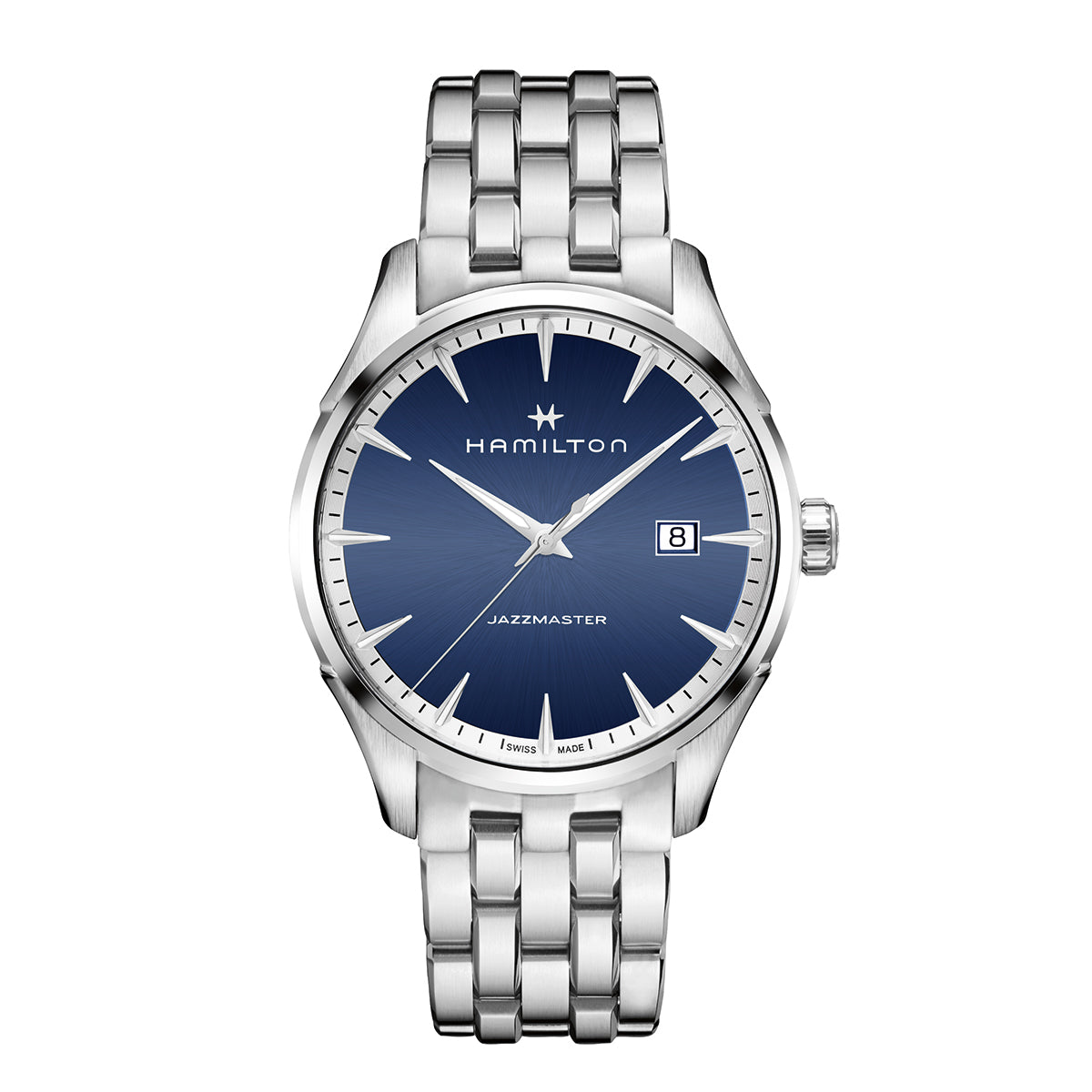 The Hamilton Jazzmaster Gent Quartz 40mm Watch by Hamilton Watch showcases a striking blue face with silver hour markers and includes a date window at the 3 o'clock position. Its sleek design is enhanced by a silver link bracelet, making it an elegant accessory for any occasion.