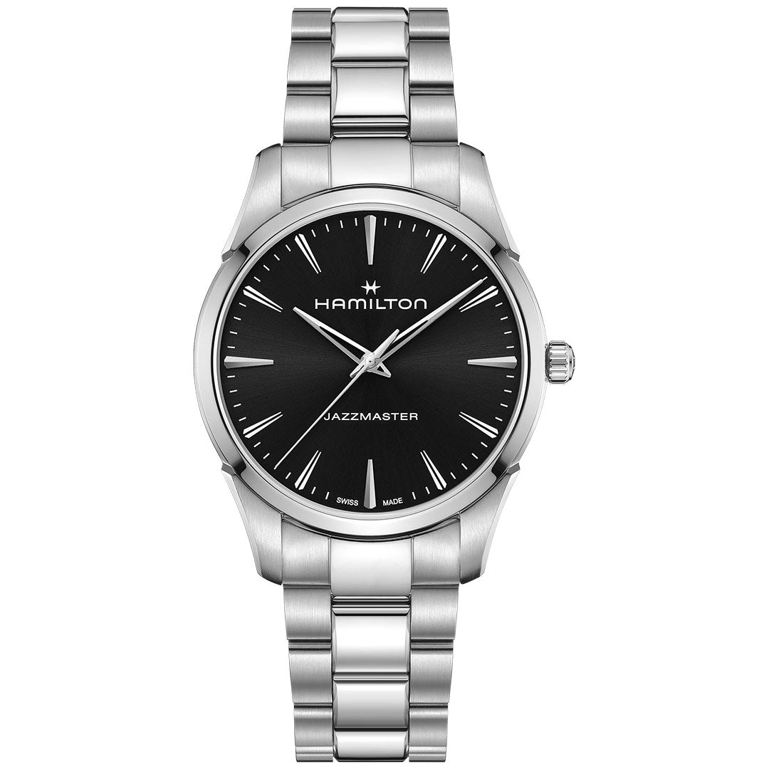The Hamilton Watch Jazzmaster Quartz 40mm features a silver stainless steel bracelet, black dial, silver markers and hands, and minimalist design with "Hamilton" and "Jazzmaster," offering understated elegance.