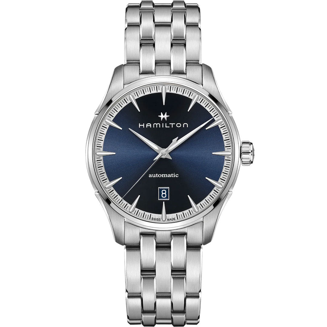 The Hamilton Jazzmaster Auto 40mm Watch features a silver case, blue gradient dial, silver hour markers, date window at 6 o'clock, and a silver metal link bracelet. The dial displays "Hamilton" and "automatic.