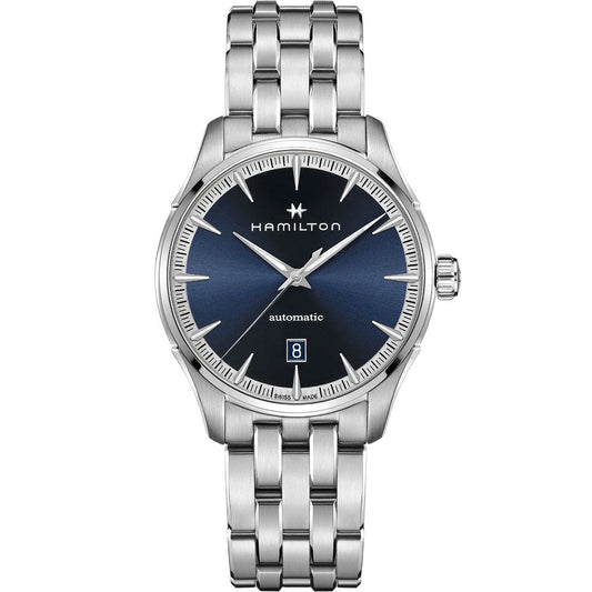 The Hamilton Jazzmaster Auto 40mm Watch features a silver case, blue gradient dial, silver hour markers, date window at 6 o'clock, and a silver metal link bracelet. The dial displays "Hamilton" and "automatic.