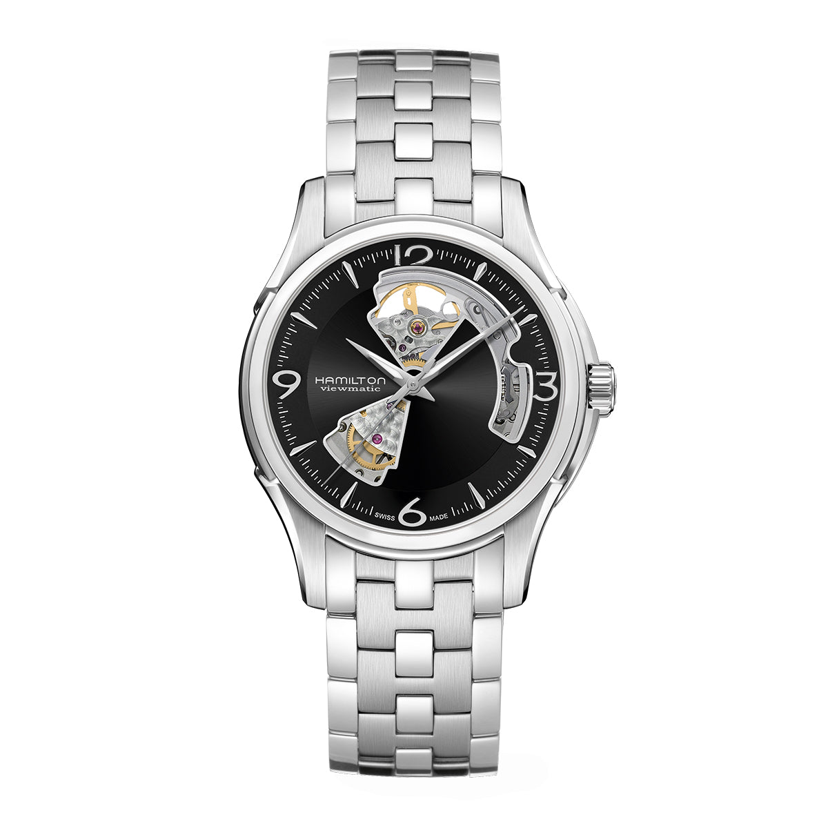 The Hamilton Jazzmaster Open Heart Auto 40mm Watch by Hamilton Watch boasts a silver design with a stainless steel band and black dial, displaying visible mechanical components under the glass. It is adorned with silver hour markers at 3, 6, and 9 o'clock, featuring an Open Heart design. The Swiss automatic movement guarantees precise timekeeping.