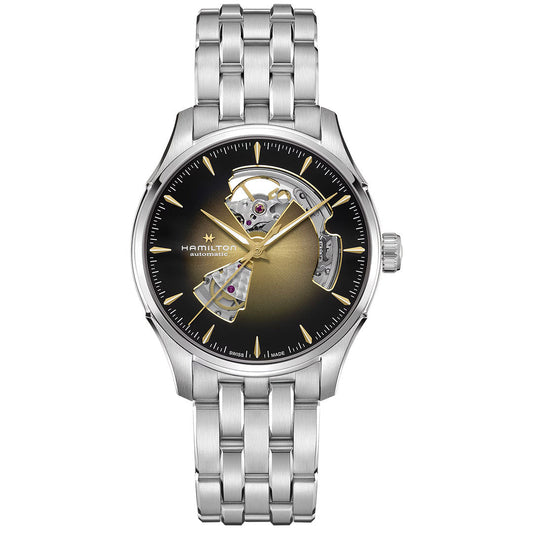 The Hamilton Jazzmaster Open Heart Auto 40mm Watch by Hamilton Watch features a stainless steel case, metallic link band, and a black and gold gradient dial with an open-heart design displaying the automatic movement.