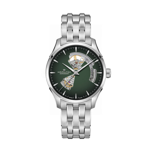 The Hamilton Jazzmaster Open Heart Auto 40mm Watch by Hamilton Watch is a silver analog wristwatch with a stainless steel band and a striking green dial, highlighting exposed mechanical elements. Precision cutouts allow you to see intricate gears beneath the hour markers, while line markers and two hands enhance the elegance of this timepiece.