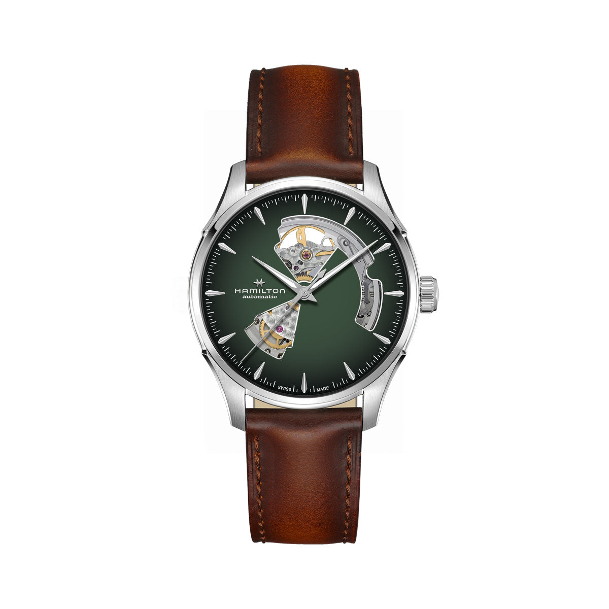 The Hamilton Jazzmaster Open Heart Auto 40mm Watch by Hamilton Watch features a brown leather strap and a silver case. Its green dial showcases exposed mechanical elements visible through cutouts, complemented by white hour markers and thin silver hands, with the brand name elegantly displayed on the dial.