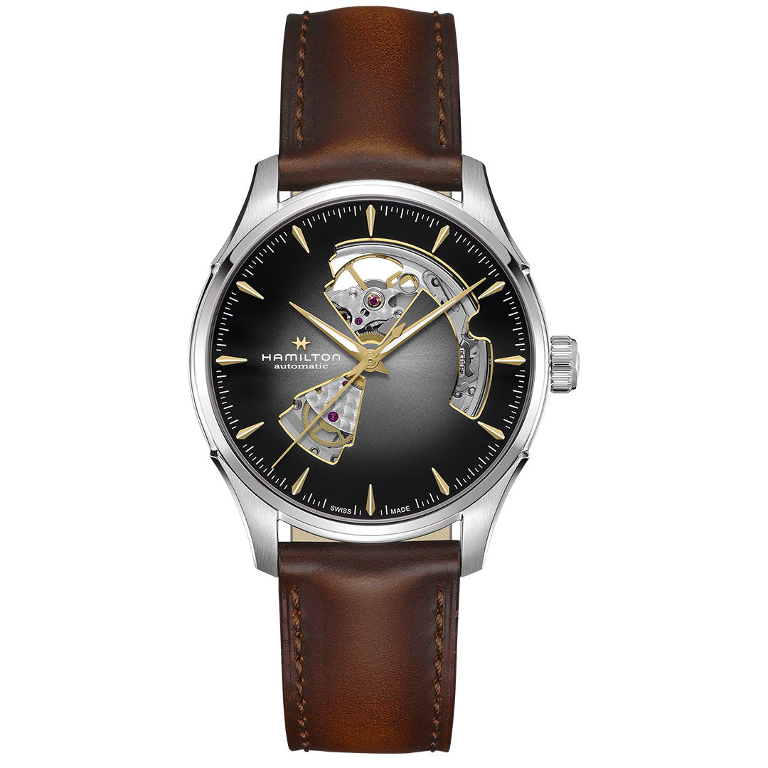 The Hamilton Jazzmaster Open Heart Auto 40mm by Hamilton Watch features a brown leather strap, silver case, and black open-heart dial with gold accents and silver hour markers for an elegant look.