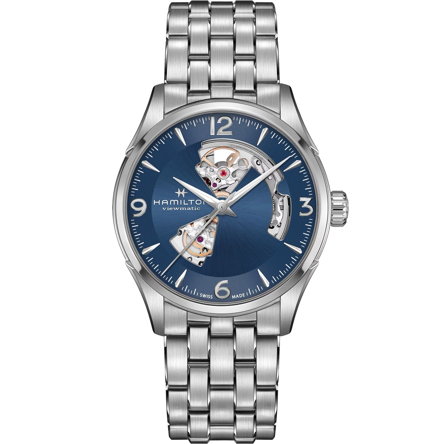 The Hamilton Jazzmaster Open Heart Auto 42mm Watch features a blue dial with silver markers, an exposed Swiss automatic movement, and a metal link bracelet. The Hamilton Watch brand name is displayed on the dial.