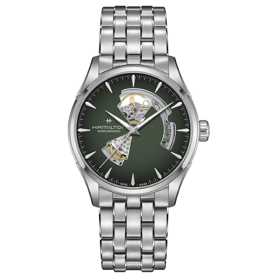 The Hamilton Jazzmaster Open Heart Auto 42mm by Hamilton Watch features a green open-heart dial, automatic movement, and a silver stainless steel bracelet—ideal for dress watch enthusiasts.