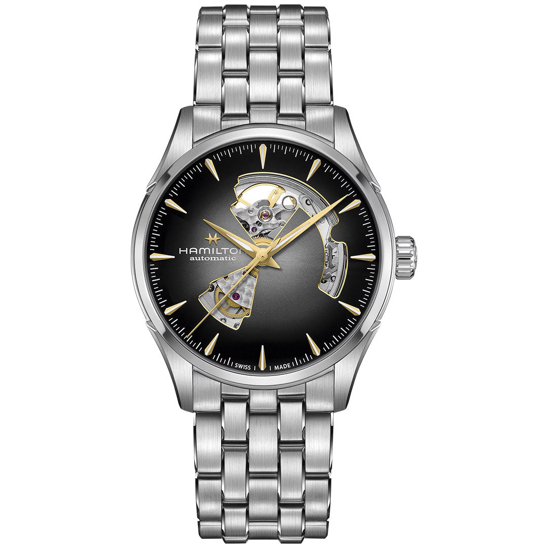 The Hamilton Jazzmaster Open Heart Auto 42mm Watch by Hamilton Watch features a stainless steel case, silver link bracelet, black and gold accents, an open-heart dial revealing the mechanism, and gold hour markers and hands.