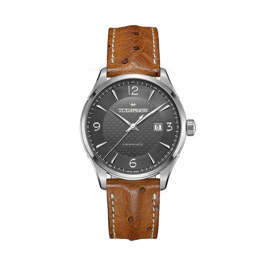 Discover the superior artistry of a Hamilton Jazzmaster Viewmatic Auto 44mm Watch, featuring a brown leather strap and a black textured dial. The silver hour markers and hands add to its sophisticated charm, complete with a date display at the 3 o'clock position within a polished stainless steel case.