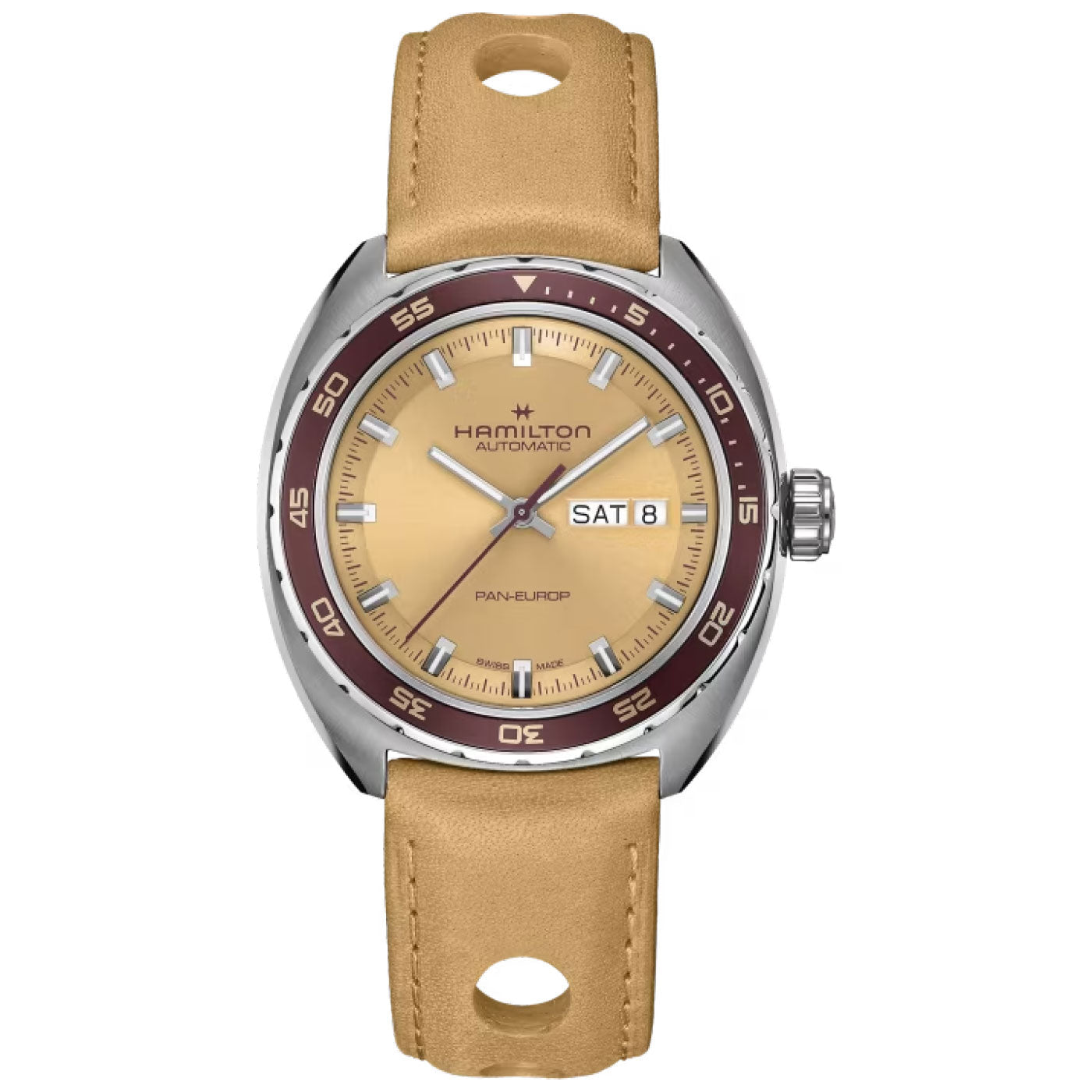 The Hamilton American Classic Pan Europ Day Date Auto 42mm Watch by Hamilton Watch features an automatic movement, a beige dial, a brown bezel, and a tan leather strap. It displays the day and date at the three o'clock position and is accented with silver hour markers and hands.