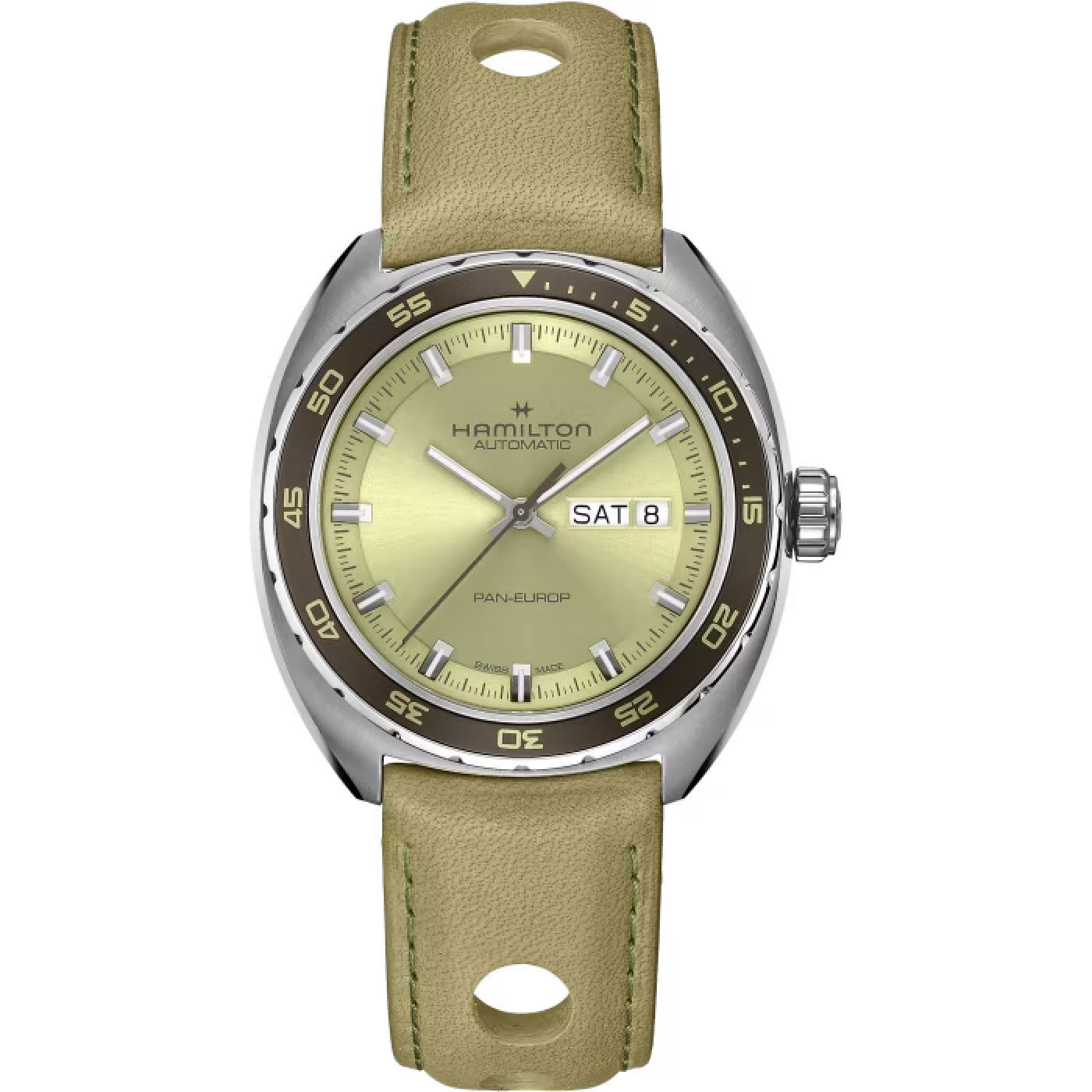 The Hamilton American Classic Pan Europ Day Date Auto 42mm Watch by Hamilton Watch boasts a round greenish-yellow face with a silver bezel and a day-date display conveniently located at the 3 o'clock position. It is complemented by a distinctive green leather strap featuring two oval holes near the lugs, adding to its stylish and unique appeal.