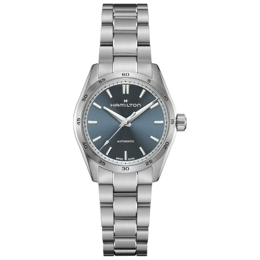 The Hamilton Jazzmaster Performer Auto 34mm Watch features a stainless steel case and a blue dial adorned with silver hour markers and hands. The words "Hamilton" and "Automatic" are elegantly displayed on its face. Powered by an H-10 automatic movement, this watch includes minute markers on the bezel and is paired with a coordinating metal link bracelet.