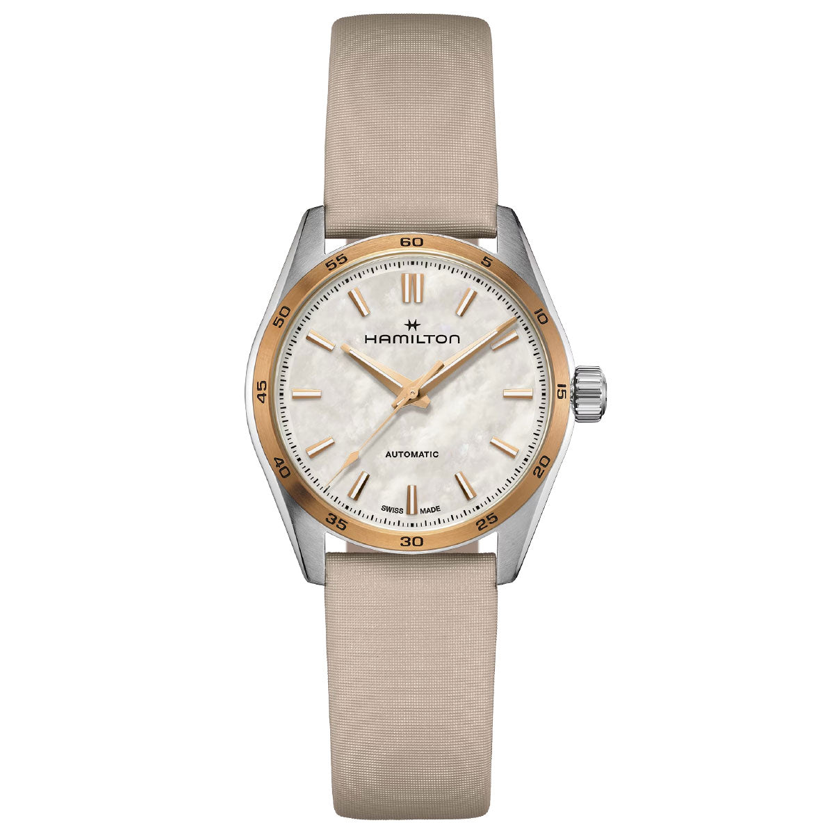 The Hamilton Jazzmaster Performer Auto 34mm Watch by Hamilton Watch features a light beige leather strap that enhances its sport-chic style. Its round face is adorned with a pearlescent finish, complemented by gold-tone hour markers and hands. The gold bezel, complete with minute markings, encloses the silver casing that houses the dependable automatic movement.