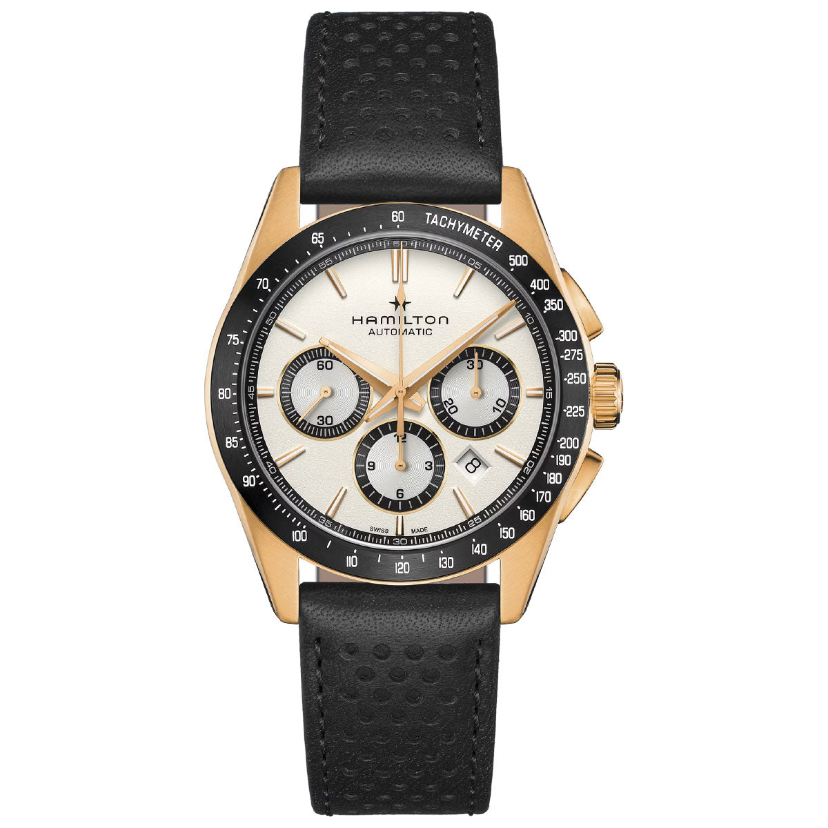 The Hamilton Jazzmaster Performer Auto Chrono 42mm Watch boasts a gold-edged design with a black leather strap, featuring a white dial complete with three subdials and a tachymeter on the bezel. This sport-chic timepiece is characterized by gold hands and markers, prominently displaying the Hamilton Watch brand name on the dial.