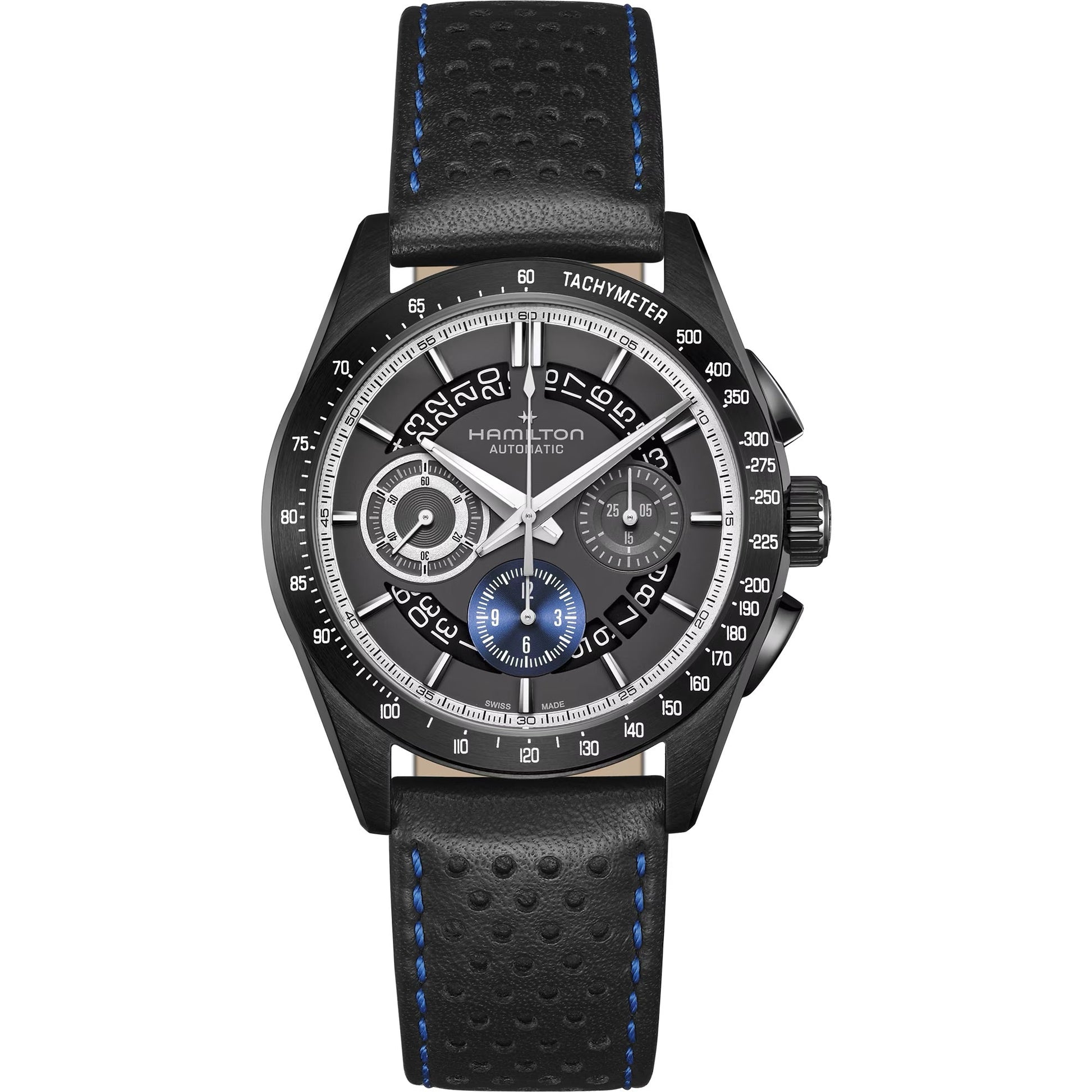 The Hamilton Jazzmaster Performer Auto Chrono 42mm by Hamilton Watch features a black dial with blue accents, subdials, tachymeter bezel, and comes on a black perforated leather strap with blue stitching.