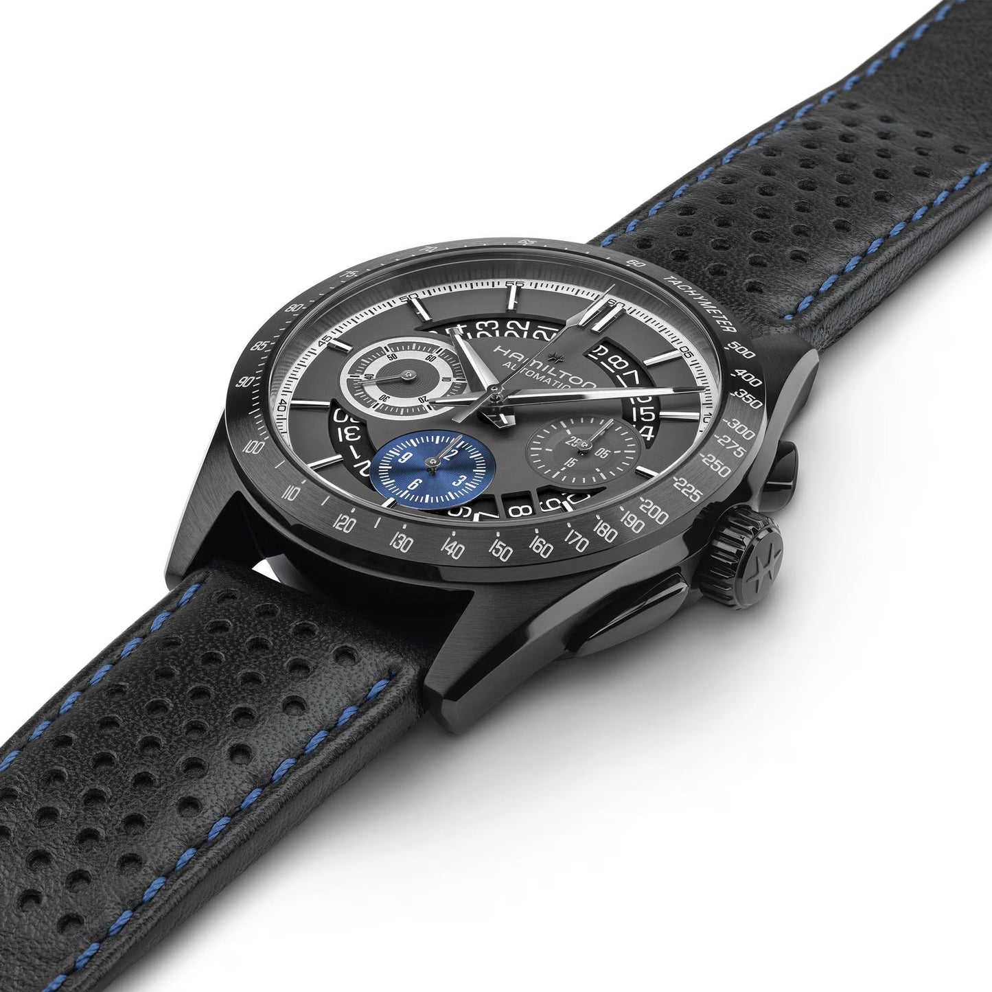 The Hamilton Jazzmaster Performer Auto Chrono 42mm Watch by Hamilton Watch features a black perforated leather strap with blue stitching, H-31 movement, three subdials (one in blue), and white hour markers.