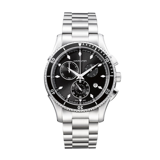 The Hamilton Jazzmaster Seaview Quartz Chrono 44mm Watch by Hamilton Watch is a stainless steel timepiece featuring a black dial with three subdials and a date display. It boasts a link bracelet and white hour markers, offering both elegance and functionality.