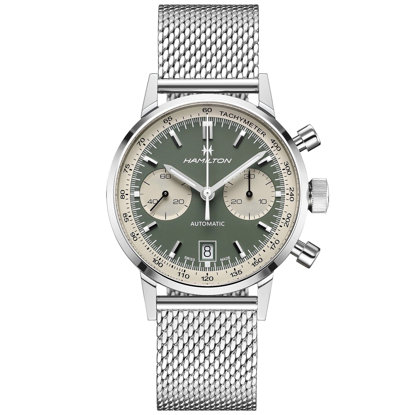 The Hamilton American Classic Intra-Matic Auto Chrono 40mm Watch boasts a silver case paired with a mesh band and highlights a panda dial featuring a green and beige face. It includes a tachymeter scale and two subdials, complemented by white hands and markers alongside a date window positioned at 6 o'clock. The "Hamilton Watch" brand name is elegantly displayed beneath the 12 o'clock marker.