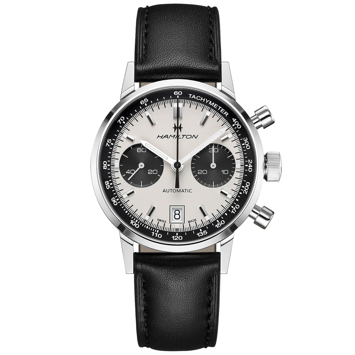 The Hamilton American Classic Intra-Matic Auto Chrono 40mm Watch by Hamilton Watch is a silver-toned timepiece with a black leather strap. It features a tachymeter on the bezel and an eye-catching panda dial. The white face includes three subdials, silver hour indices, an indicator for the automatic chronograph movement, and a date window positioned at 6 o'clock.