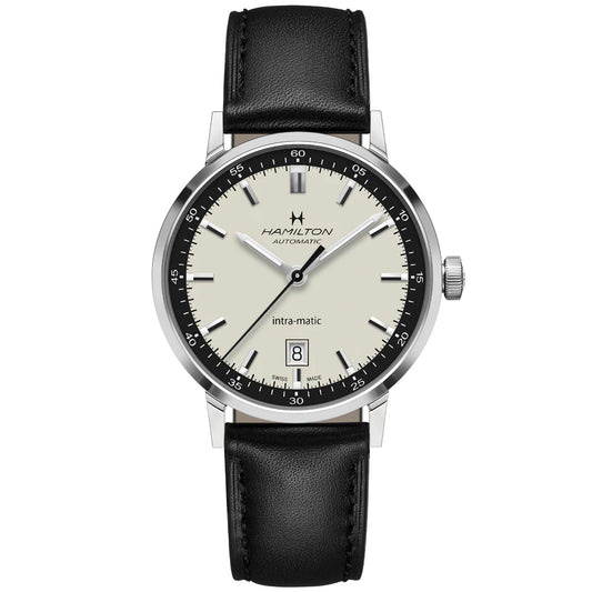 The Hamilton American Classic Intra-Matic Auto 40mm Watch by Hamilton Watch embodies a vintage-inspired design, characterized by its white dial with black hour markers and a date display at the 6 o'clock position. It highlights the precision of the Hamilton H-10 movement and is encased in silver with a sophisticated black leather strap.