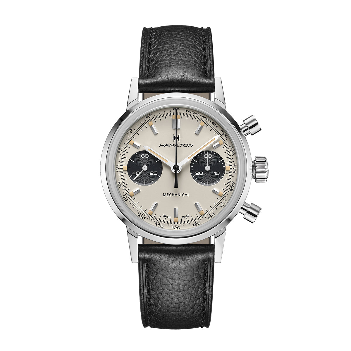 The Hamilton American Classic Intra-Matic Mechanical Chronograph H 40mm Watch by Hamilton Watch is a vintage-inspired timepiece. It showcases a silver dial with two black sub-dials and is paired with a black leather strap. With its stainless steel case and three pushers, the wristwatch embodies the timeless elegance of classic chronograph design.