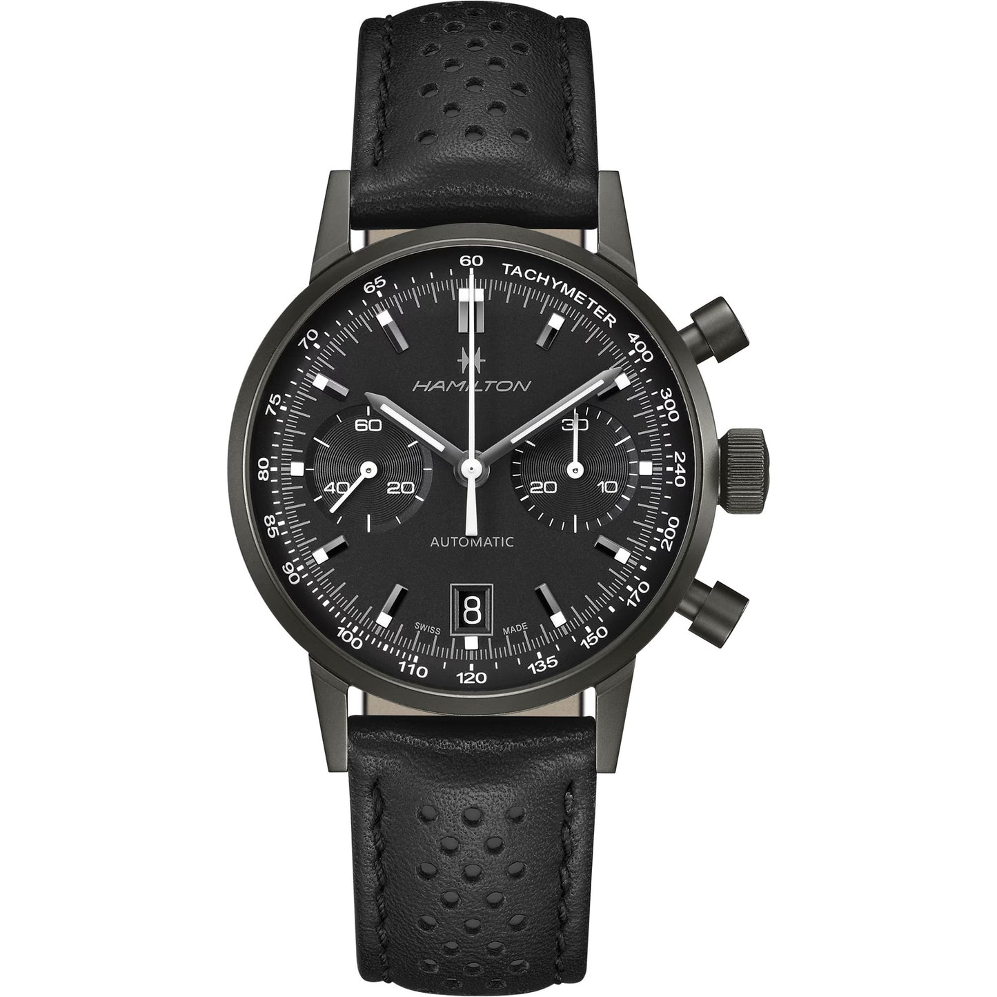 The Hamilton American Classic Intra-matic Auto Chrono 40mm by Hamilton Watch is a vintage-inspired timepiece with three subdials, racing-style tachymeter, date at 6 o’clock, and a perforated black leather strap with white accents.