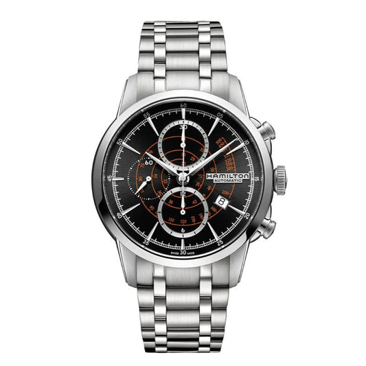 The Hamilton American Classic RailRoad Auto Chrono 44mm Watch from Hamilton Watch is a silver stainless steel timepiece featuring a black face with orange accents. It includes an automatic chronograph powered by the H-21 movement, multiple dials for various timekeeping functions, and a date window at the four o'clock position.