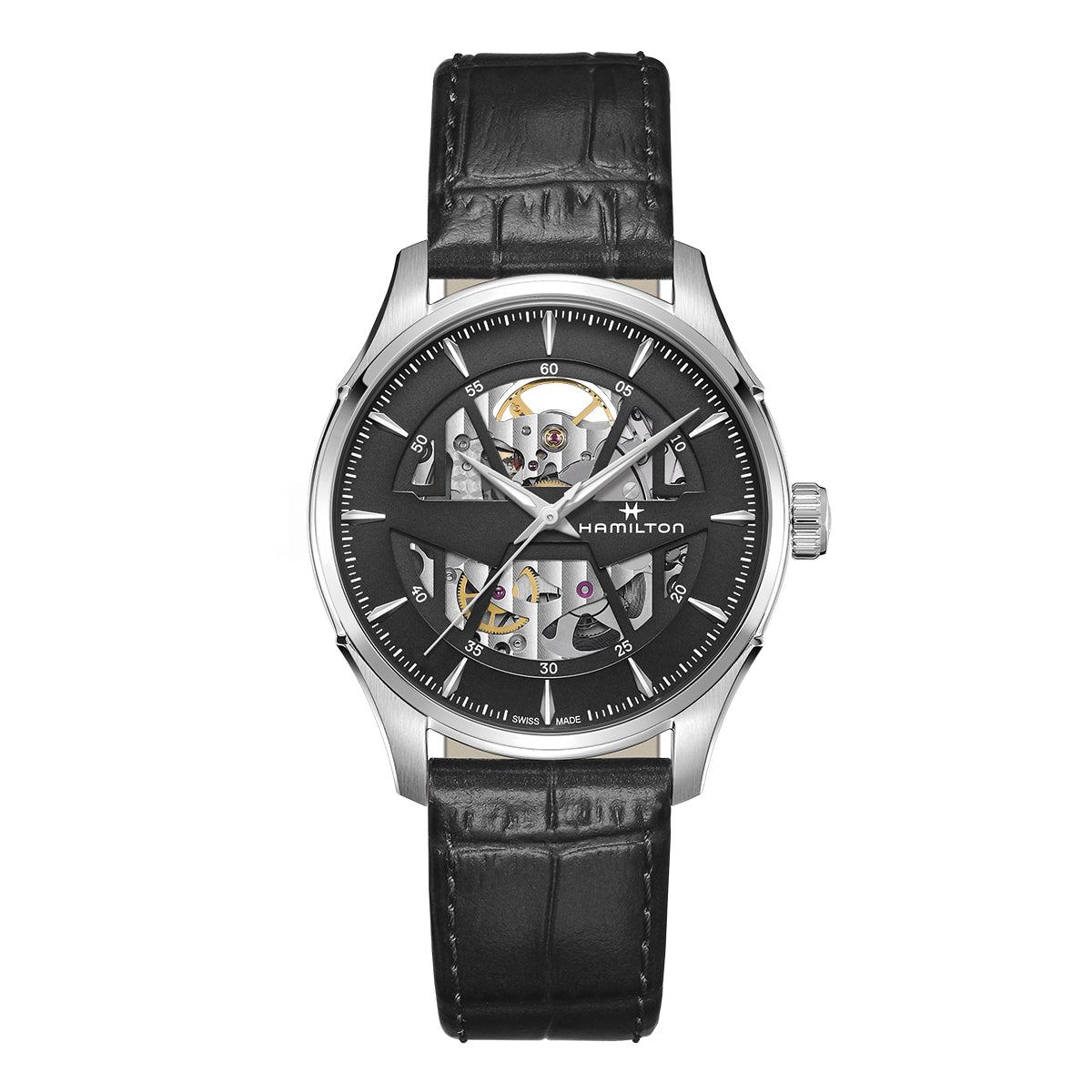 The Hamilton Jazzmaster Skeleton Auto 40mm Watch features a sleek black leather strap and a stainless steel case. It is part of the Jazzmaster Skeleton collection and showcases automatic movement through its open-worked design. The watch has a black face adorned with silver indices, mechanical components, and the distinguished Hamilton Watch brand name on the dial.