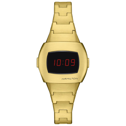 The Hamilton American Classic PSR 74 Quartz 26mm x 31mm Watch features a gold case, rectangular black display with red LED time shown at 10:09, metallic band, and the Hamilton Watch logo beneath the screen, echoing the iconic digital Pulsar style.