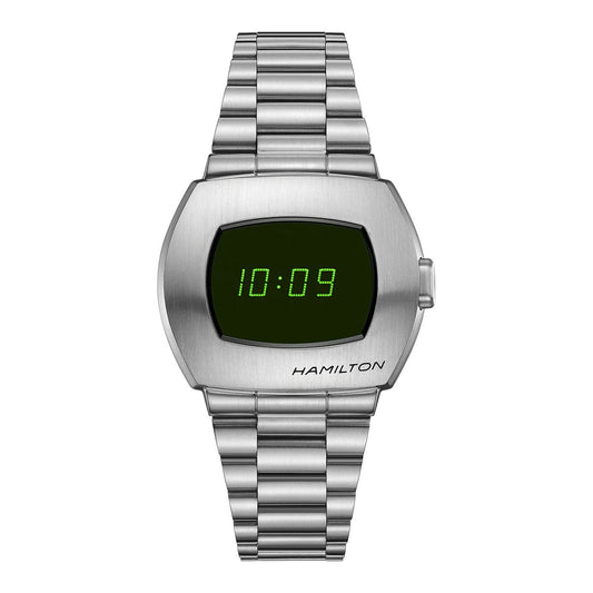 The Hamilton Watch American Classic PSR Digital Quartz 40.8mm X 34.7mm wristwatch highlights an elegant stainless steel band and a hybrid LCD and OLED display that displays the time "10:09" with vivid green LEDs on its rectangular face.