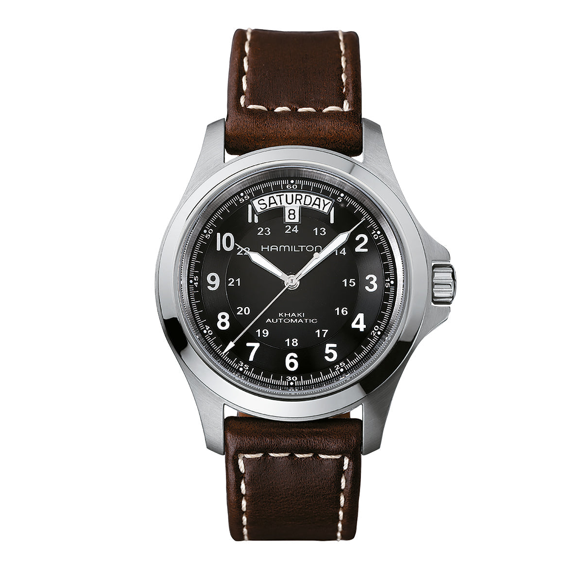 The Hamilton Khaki Field King Auto 40mm Watch comes with a silver case, a brown leather strap, and a black dial featuring white Arabic numerals. It includes military time functionality and displays the day-date as "Saturday 8." With an impressive 80-hour power reserve, the dial elegantly showcases the Hamilton Watch brand name.