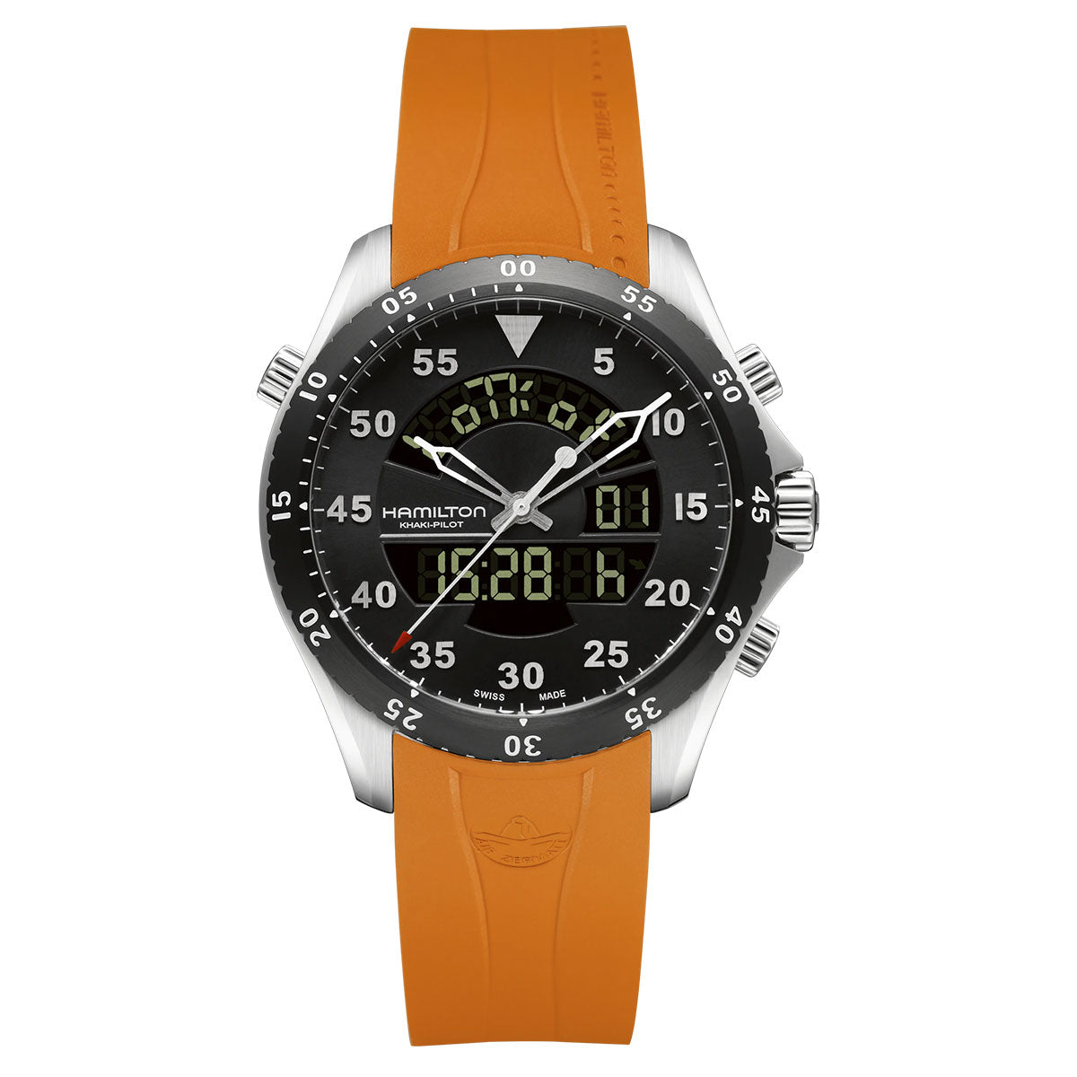 The Hamilton Khaki Aviation Flight Timer Quartz - Air Zermatt 40mm Watch by Hamilton Watch boasts a stainless steel case and a black dial with both digital and analog displays. Its vibrant orange rubber strap complements the multi-functional design, featuring numerous dials and markers. This rugged, sporty watch is ideal for tracking every journey in your pilot's logbook.