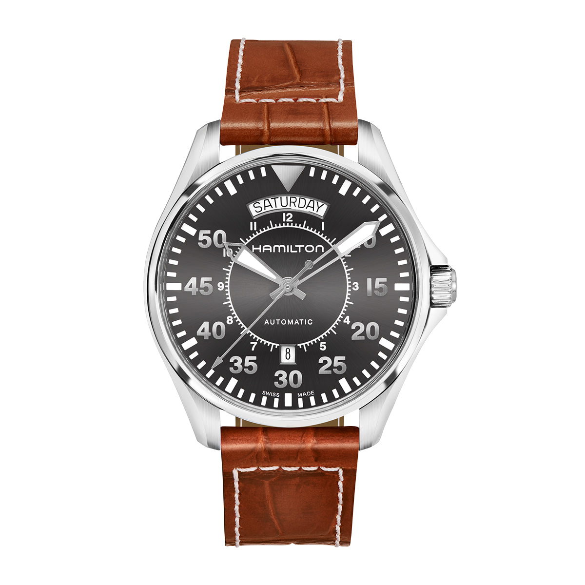 The Hamilton Khaki Aviation Pilot Day Date Auto 42mm Watch by Hamilton Watch showcases a vintage design with a black dial adorned with white Arabic numerals, a day and date display at the top, and silver hands. It features a brown leather strap and is housed in a stainless steel case with an automatic movement offering an impressive 80-hour power reserve.