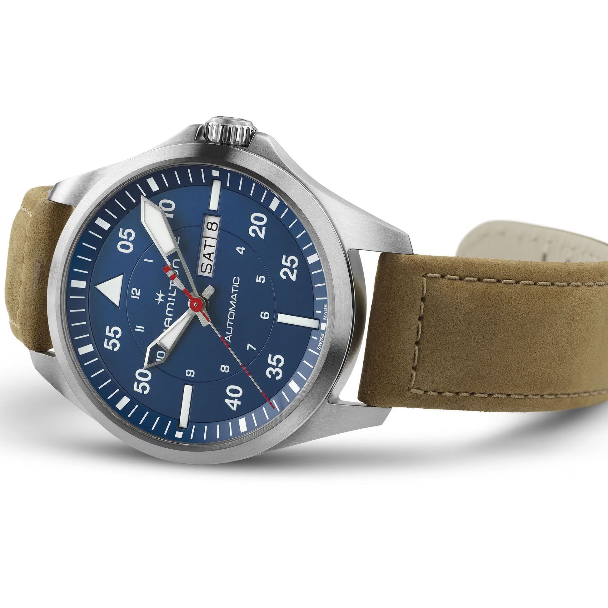 The Hamilton Khaki Aviation Pilot Day Date Air Glaciers Edition Auto 42mm Watch by Hamilton Watch features a blue dial with white numerals, silver hands, brown suede strap, titanium case, H-30 automatic movement, and day-date display.