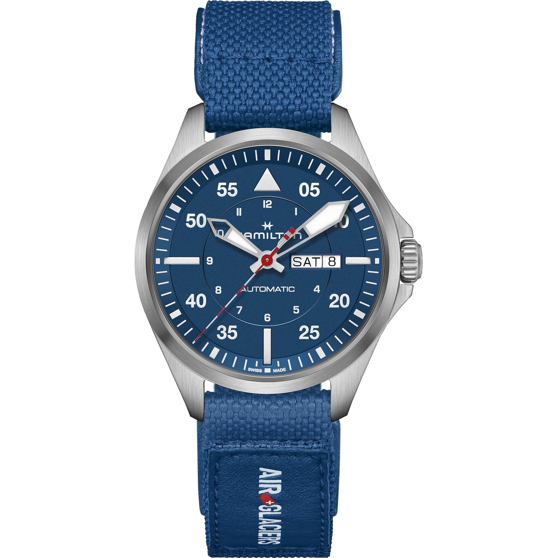The Hamilton Khaki Aviation Pilot Day Date Air Glaciers Edition Auto 42mm Watch features a blue dial, white hour markers, red seconds hand, day-date display, and a matching fabric strap labeled "AIR-GLACIERS" near the lugs.