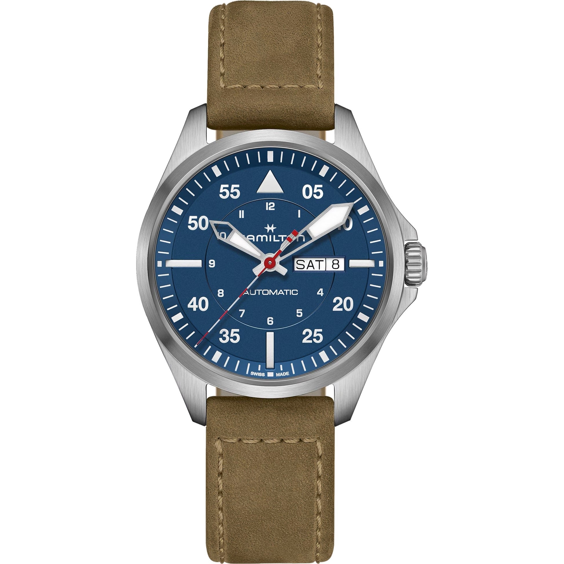 The Hamilton Khaki Aviation Pilot Day Date Air Glaciers Edition Auto 42mm by Hamilton Watch features a titanium case, blue dial with white numerals, bold white hands, red-tipped second hand, brown leather strap, and day-date display.