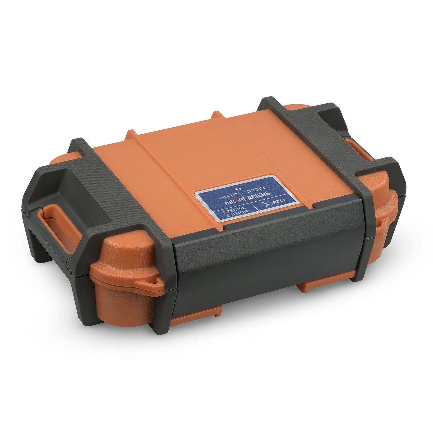 An orange and black hard plastic case with reinforced corners, side handles, and a blue "Nanuk 905" label offers durable protection for securely storing the Hamilton Khaki Aviation Pilot Day Date Air Glaciers Edition Auto 42mm Watch by Hamilton Watch.