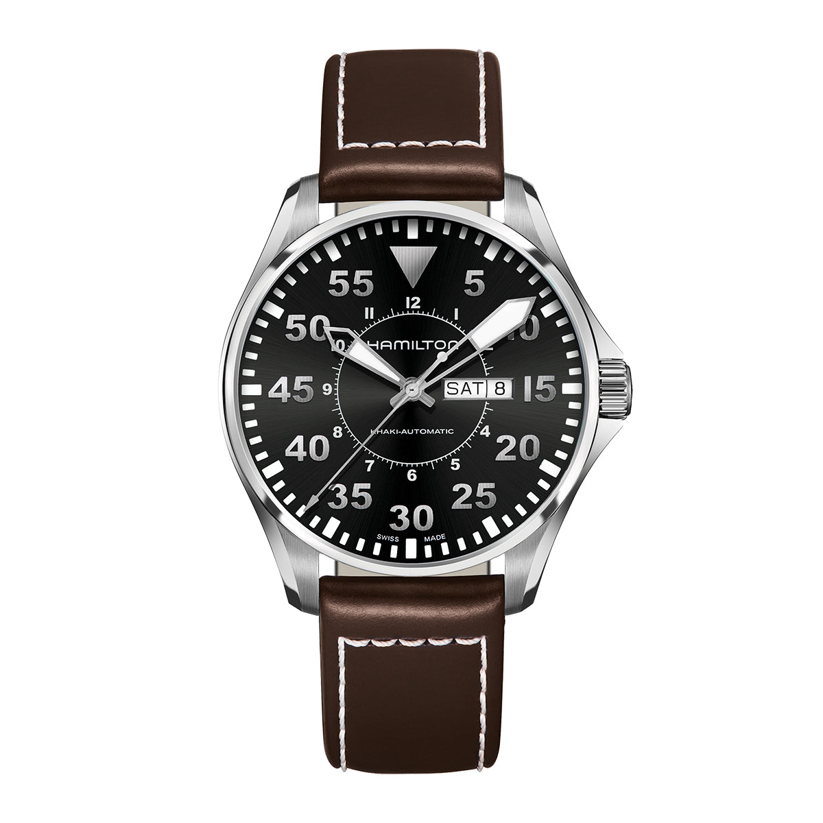 The Hamilton Khaki Aviation Pilot Day Date Auto 46mm Watch by Hamilton Watch showcases a brown leather strap paired with a silver case. Its black dial is adorned with white numerals, displays both day and date, and features luminous hands. With automatic movement and an impressive 80-hour power reserve, this timepiece exudes a classic and polished design.